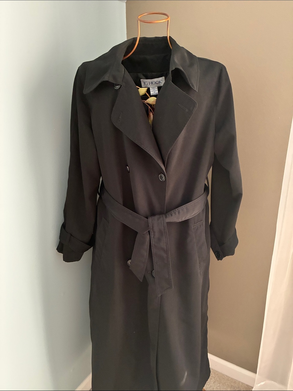 IG HOOK Black Long Trench Coat with Waist Tie